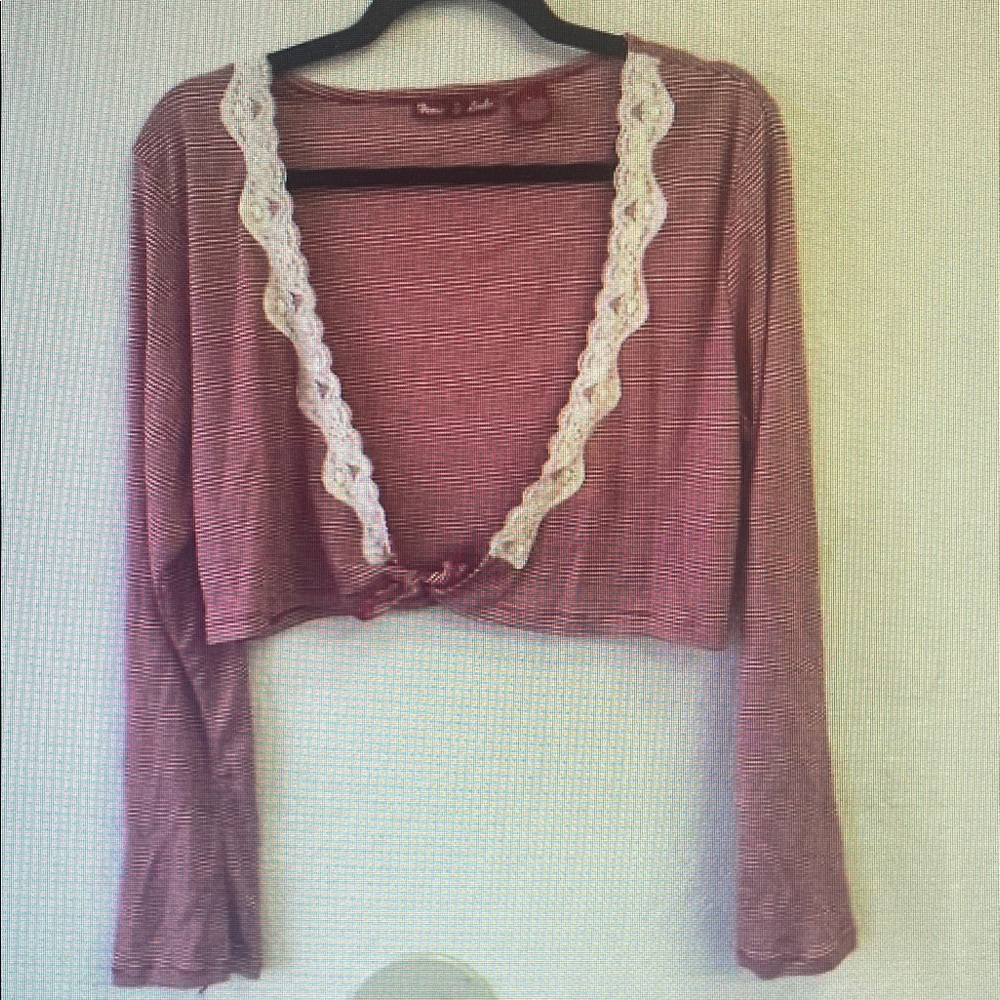 Red and White Striped Cardigan with Lace Trim